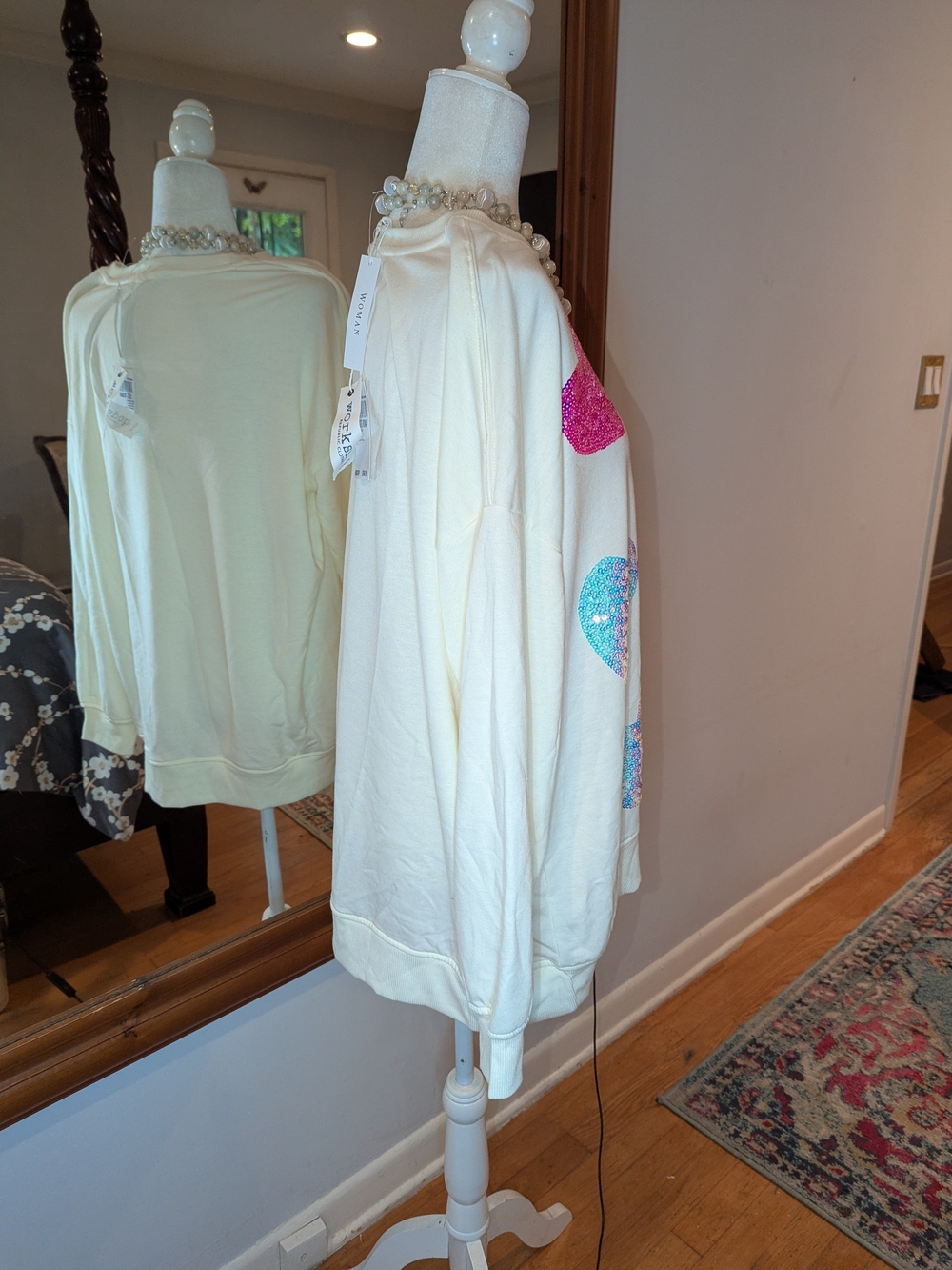 Oversized Sequin Heart Crewneck Sweater - Ivory with Pink & Turquoise Hearts - Picture 5 of 13